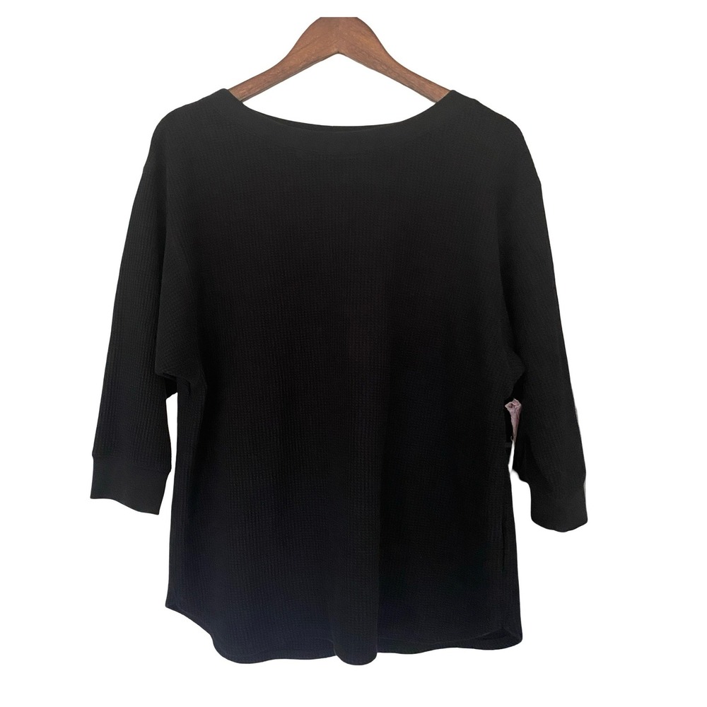 Uniqlo Waffle Crew Neck Womens XL Black 3/4 Sleeve Textured Knit Top